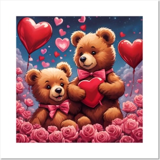 Teddy celebrating Valentines day, randome floating love hearts Posters and Art